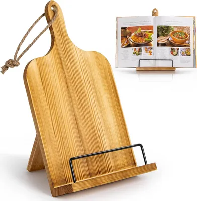 Produktbild von Kochbuchhalter Holz, Buchständer Küche, Buchhalter Wand, iPad Tablet Ständer, Einstellbares Schneidebrett Style, Vintage Deko - Braun