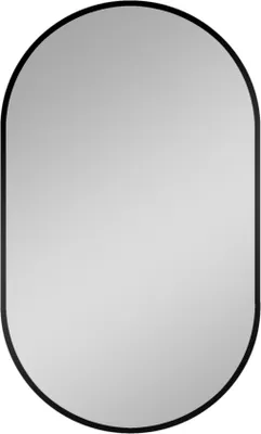 A studio shot of an oval mirror with a black frame.