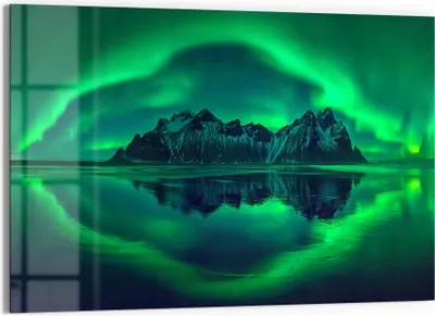 Produktbild von DEQORI Glasbild Echtglas 90x60 cm 'Vestrahorn im Polarlicht' Wandbild Bild modern Deko