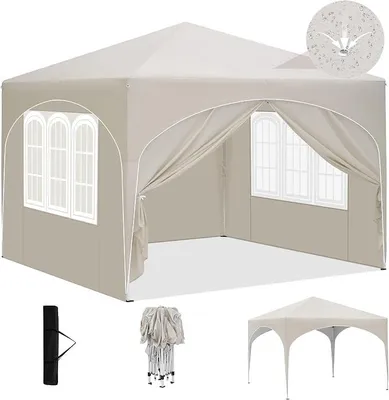 Produktbild von Pop-Up Faltpavillon wasserfest Winterfest, Pavillon 3x3 m faltbar, Grillpavillon stabil, Gartenpavillon mit Seitenwänden Fenstern Tasche, für Camping Strand Garten, Beige