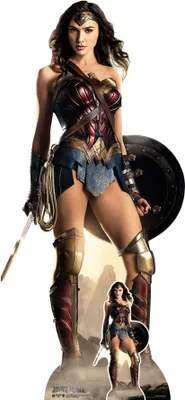 A life-size cardboard cutout of Wonder Woman from the Justice League movie, with a smaller version of the character at the bottom.