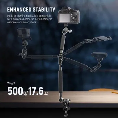 Immagine prodotto di Braccio di montaggio flessibile Unyqoos® per fotocamera e smartphone – alluminio, fino a 500 g, morsetto universale, 3 giunti sferici a 360°, supporto aggiuntivo per smartphone