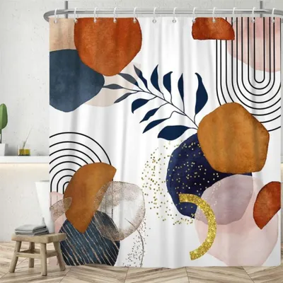 Imagen del producto de Cortina de ducha abstracta, de 120 cm x 180 cm, fabricada en poliéster lavable, resistente al moho e impermeable, y con 12 ganchos.