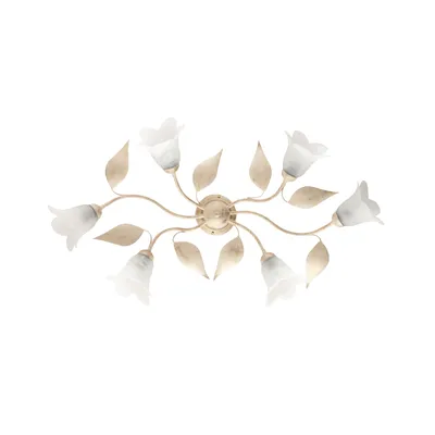 Zdjęcie produktu dla Olga - lampa sufitowa z lakierowanego żelaza w kolorze kości słoniowej, dekor stare złoto, klosze alabastrowe Ø14 cm, elegancki styl, 6 świateł