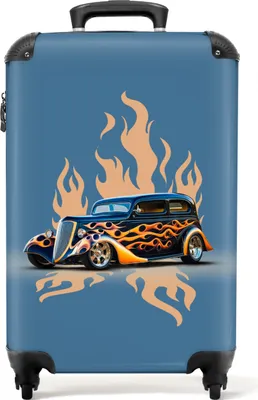 Obrázok produktu pre NoBoringSuitcases.com® Kufr Príručná batožina Kufr na kolieskach Malý kufor na 4 kolieskach - Auto - Vintage car - Modrý - Flames - Cabin Size < 55x40x23 cm & 55x40x20 cm - Foto kufor - Príručný kufor - Palubná batožinaPríručná batožina Kufrík 55x35x20 cm, 36L,
