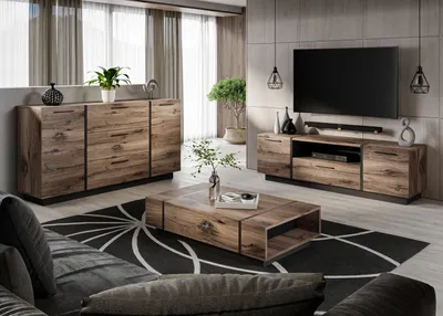 A modern living room with a wood-grain furniture set and a television.