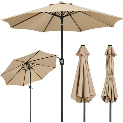 A collage of images showing a beige patio umbrella in different states: open and angled, open and upright, and closed.