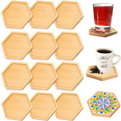 Produktbild von Bambus-Untersetzer – 10 cm – Set mit 12 Stück – Sechseckig – Mosaik-Untersetzer – Bastelset