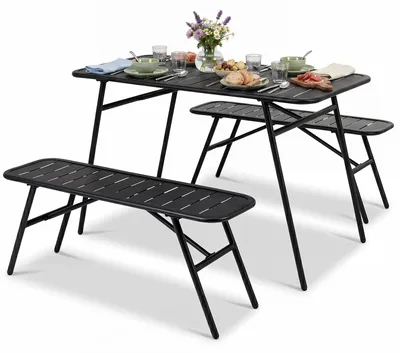 Produktbild von COSTWAY Biersitzgarnitur aus Metall, 3 tlg. Gartenmöbel inkl. 2 Bierbänke & 1 Biertisch, 120cm Festzeltgarnitur, Campingtisch Set, Sitzgarnitur