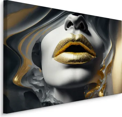 Produktbild von Muralo CANVAS Leinwand Bilder Abstraktes GESICHT Goldene Mund Lippen Wanddeko ABSTRAKTION 3D Br. 70 cm x Hö. 50 cm