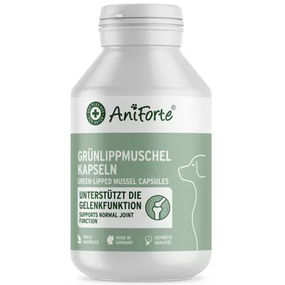 A white bottle of AniForte Green-Lipped Mussel Capsules for dogs.