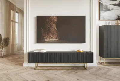 Produktbild von Selsey VELDIO - TV-Schrank, Schwarz mit goldenem Metallgestell, 175 cm