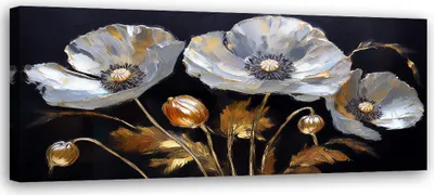 Image de Toile « Coquelicots Glamour Fleurs Argent » 150 x 50 Feeby Noir Image pour le mur, prête à être accrochée