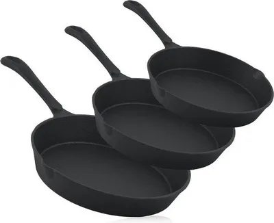 Obrázek produktu pro Sada 3 litinových steakových pánví – průměr 16 cm, 20 cm, 24 cm – litinová grilovací mřížka, litinová pánev do trouby