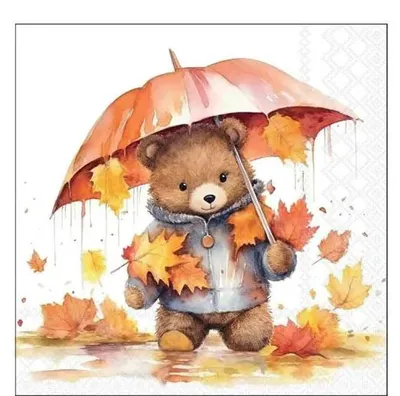 Produktbild von Herbst Servietten Cocktail Bär mit Regenschirm 25x25 cm 3lagig 20 Stück
