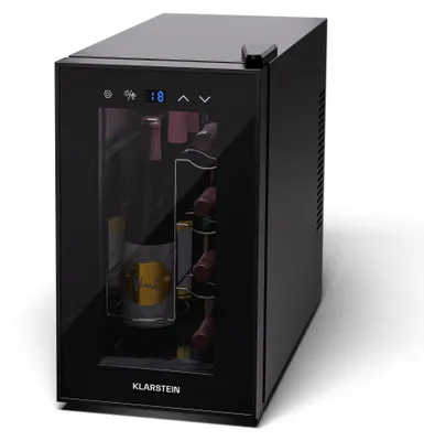 Obrázok produktu pre Klarstein chladnička na víno, 1-zónová chladnička na nápoje s presklenými dverami, tichá vnútorná/vonkajšia chladnička, malá chladnička na fľaše, 21 l, vinotéka na nápoje, chladnička na víno pre 8 fliaš