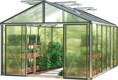 Produktbild von GFP Gewächshaus Asteria 24 Premium 311x460 cm mit integriertem Fundament 16 mm Doppelstegplatten, Farbe Aluminium Silber