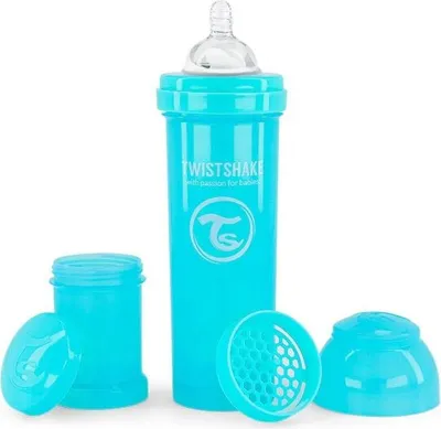 A blue baby bottle and its accessories are displayed against a white background.