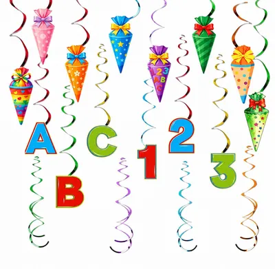 26 Spiralgirlanden mit Zuckertüten ABC 123 für Schulanfang