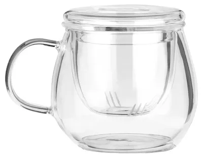 Zdjęcie produktu dla Szklanka do herbaty z sitkiem – szklana – 400 ml – z przezroczystą pokrywką