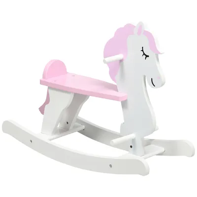 Produktbild von HOMCOM Schaukelpferd für Kinder von 1–3 Jahren, Schaukelpferd aus Holz mit Lenker und Pedalen, Tragfähigkeit 50 kg, 68 x 27 x 46,5 cm, Weiß und Rosa