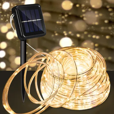 Produktbild von Ikodm Solar LED Lichterkette ,Außen Garten Balkon Terrasse, mit Solarpanel und Erdspieß 20m Warmweiß
