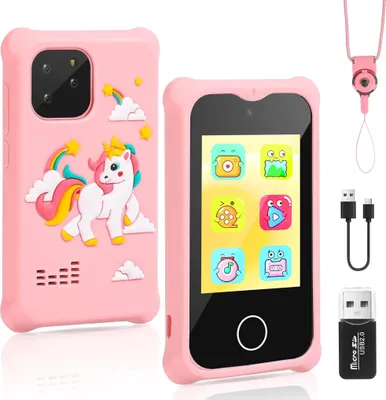 A pink children's smartphone with a unicorn case and accessories.