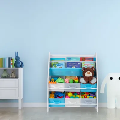 Produktbild von Relaxdays Kinderregal, Tiere Motiv, 6 Boxen, 2 Fächer, Kinderzimmer, Spielzeug Aufbewahrung HBT 74 x 62 x 31,5 cm, bunt