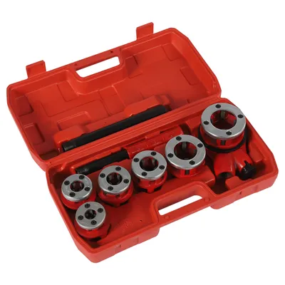 Obrázek produktu pro Ráčnový závitořez Přenosná ruční sada nářadí se 6 matricemi - 1/4", 3/8", 1/2", 3/4", 1", 1-1/4" a úložným kufříkem Sada řezných svorek 6 ks DN6-32