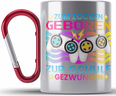 Produktbild von Trendation - Gamer Edelstahl Tasse Karabiner Geschenk Jungen Zocker Mitbringsel Männer Zocken Gaming Geschenkideen PC Kinder Zubehör Spruch Lustig Zur Schule Gezwungen (Rot)