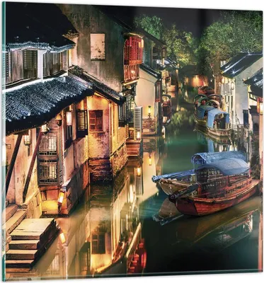 Produktbild von Bilder auf glas - Einteilig - Chinesisch Stadt Nacht - 60x60cm - Glasbilder - Wandbilder - Bilder - zum Aufhängen bereit - Wanddekoration aus Glas - Glas Bilder - Wandbild auf Glas - GAC60x60-4657