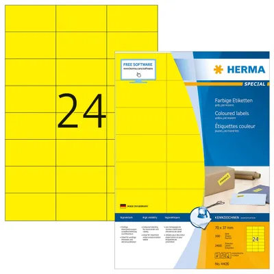 Zdjęcie produktu dla HERMA 4406, Żółty, Prostokąt, Na stałe, Papier, Matowy, Laser/Atrament