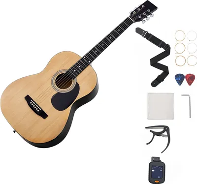 Image de SucceBuy Guitare acoustique Dreadnought, 990,6 mm, Set avec Gigbag, accordeur, sangle, cordes en acier, médiators, capodastre, touche en palissandre, convient aux débutants et aux adultes, nature