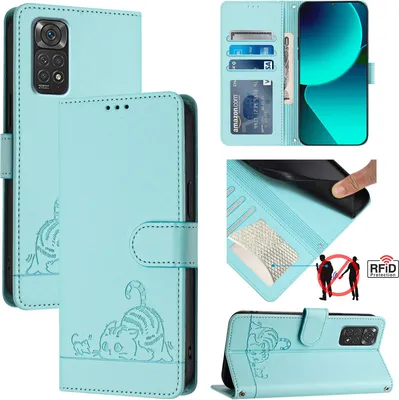 Produktbild von Leder Hülle für Xiaomi Poco M4 Pro 5G Süße Katze Flip Case Brieftasche Schutzhülle mit Standfunktion hellgrün