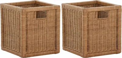 Zdjęcie produktu dla KRINES HOME Solidny zestaw / 2 Kosz na półki z drewnianą ramą Szuflada z prawdziwego rattanu / Szuflady Pojemnik do przechowywania Kosz na półki Kosz do szafki Uchwyt (brązowy - jasny, zestaw 28x29x30)