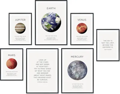 Produktbild von Hyggelig Home Premium Poster Set - 7 passende Bilder OHNE RAHMEN - Planeten Erde Sterne Weltall Sonnenystem Wandbilder für Wohnzimmer Kinderzimmer Schlafzimmer - 3 x DIN A3 + 4 x DIN A4 - Set Galaxy, Option:mit Rahmenset schwarz