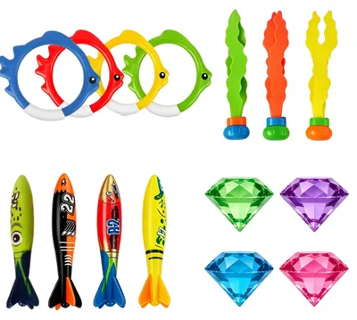 Produktbild von Tauchsportspielzeug 15-teilig - Tauchringe - Torpedos - Piratenschätze - Algenfiguren - BPA-freies Material - Schwimmbadspielzeug