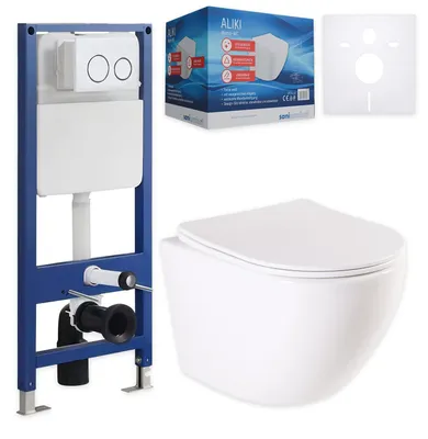 Produktbild von sanicomfort Wand WC-Set Aliki + Vorwandelement inkl. runder Betätigungsplatte | Unterputz-Komplettset mit 2-Mengen-Spülung | Hygienische Keramik & stabile Montage