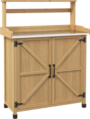 Image de Outsunny Table de rempotage table de jardinage style rustique avec placard et šŠtagššres et plateau galvanisšŠ patins antidšŠrapants en bois sapin pršŠ-huilšŠ dim. 90,5L x 41l x 124,5H cm jaune