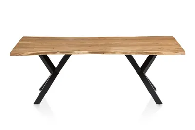 A wooden dining table with black metal legs, presented on a white background.
