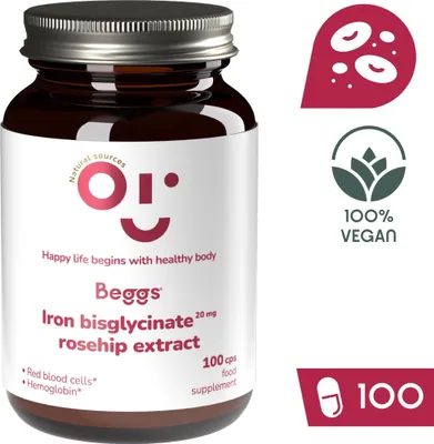 Zdjęcie produktu dla Beggs Żelazo bisglicynian 20 mg, ekstrakt z dzikiej róży, 100 kapsułek