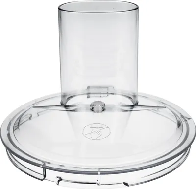 A clear, studio shot of a clear plastic food processor lid with a feeding chute.