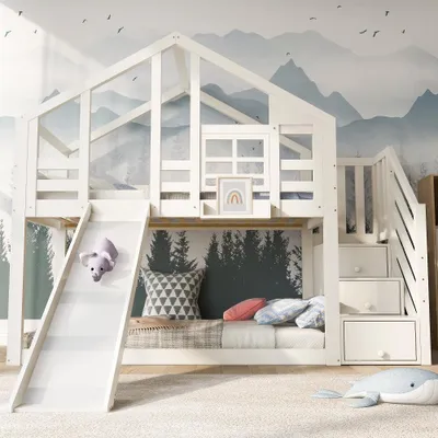 Productafbeelding van Kinderbed boomhuis, 90x200 cm, etagesbed voor kinderen met glijbaan, lades, valbeveiliging en 2 lattenbodems (zonder matras), wit