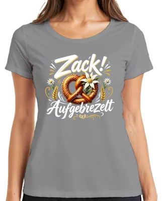 Productafbeelding van Zack! Bayersische pretzel, Wiesn (Oktoberfest) traditionele kleding, dames T-shirt, leerbroek, grijs, maat XL
