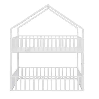 Produktbild von Merax Etagenbett 140x200cm mit Schutzgitter, Haus-Design mit Tür, Kinderbett Metallbett mit Treppe, Doppelbett stabil & sicher, Weiß