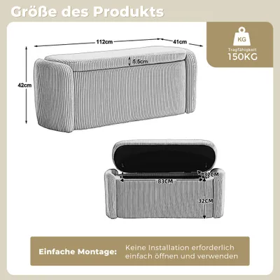 Obrázek produktu pro Lavice AIORBER, pruhovaný samet, pohodlný sedák, noční stolek, spousta úložného prostoru, lavice k posteli, do předsíně, ložnice, 112x41x42cm, zelená barva