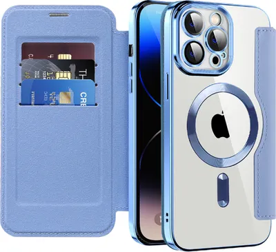 Image de Étui pour iPhone 14 Pro compatible MagSafe, étui transparent avec porte-cartes, étui en cuir avec protection de l'appareil photo Bleu clair