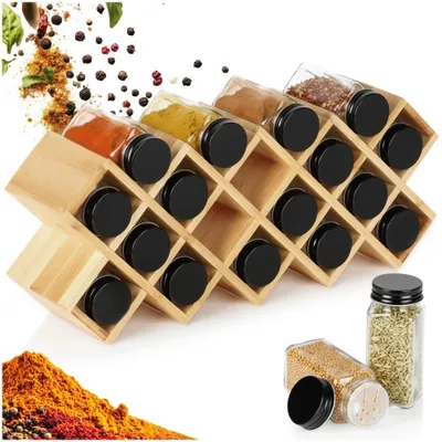 Produktbild von Bambus-Gewürzregal mit 18 Glasbehältern à 120 ml, 42 × 10 × 17 cm, KI-generiertes Bild