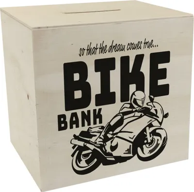Produktbild von Bike Bank Spardose aus Holz in schwarz zum Thema Motorradkauf und Motorrad