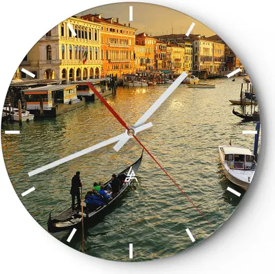 Produktbild von Wanduhr - Rund - Glasuhr - Ansicht Wasser Gondel Reise - 30x30cm - Schleichendes Uhrwerk - Lautlos - zum Aufhängen bereit - Dekoration Modern - Wanddekoration aus Glas - C3AR30x30-0452